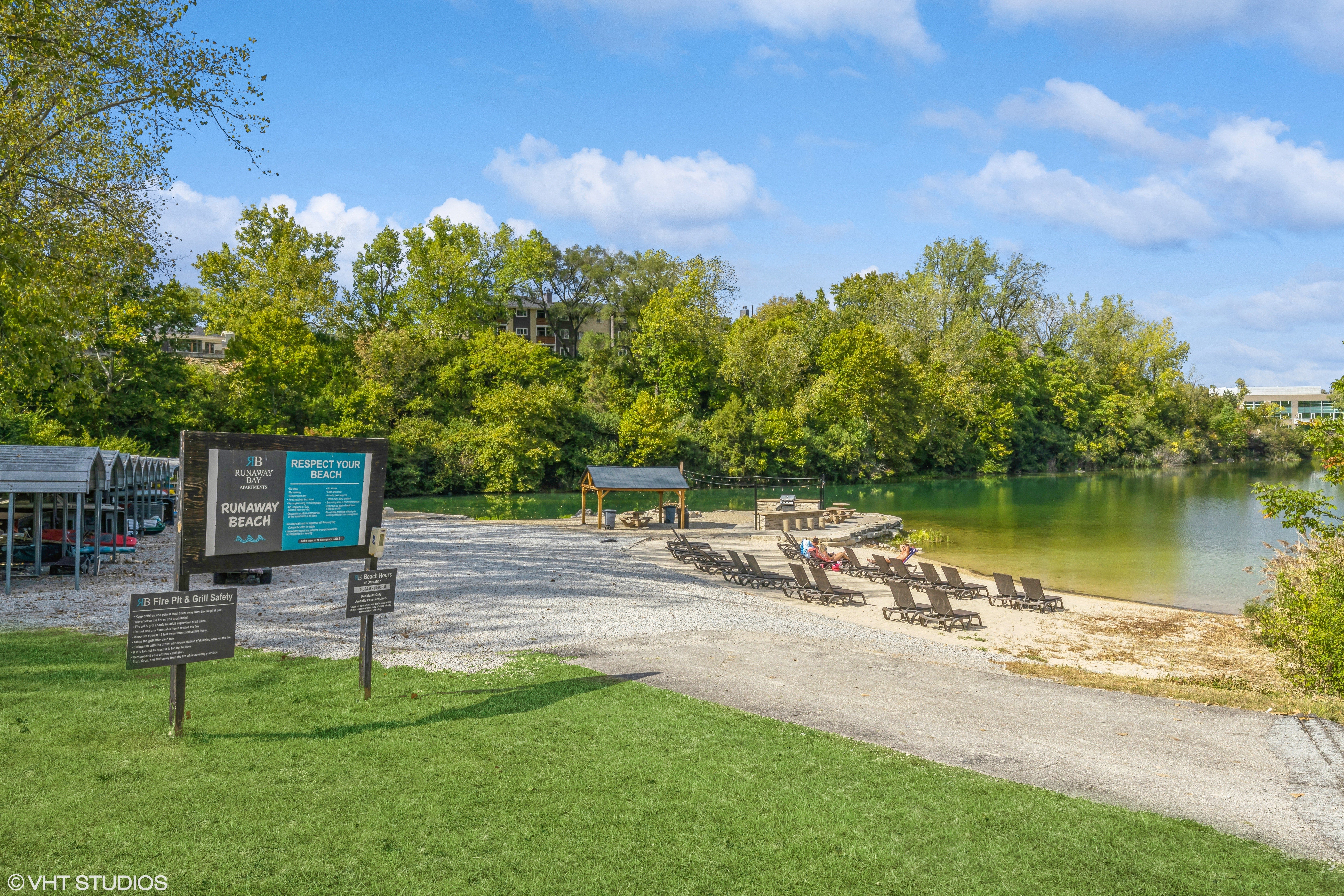 community lakeside beach lounge area